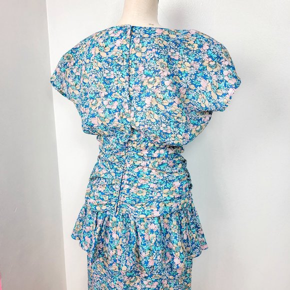 Vintage 80s Blue Multi Floral Print Peplum Wiggle Dress - Picture 5 of 9